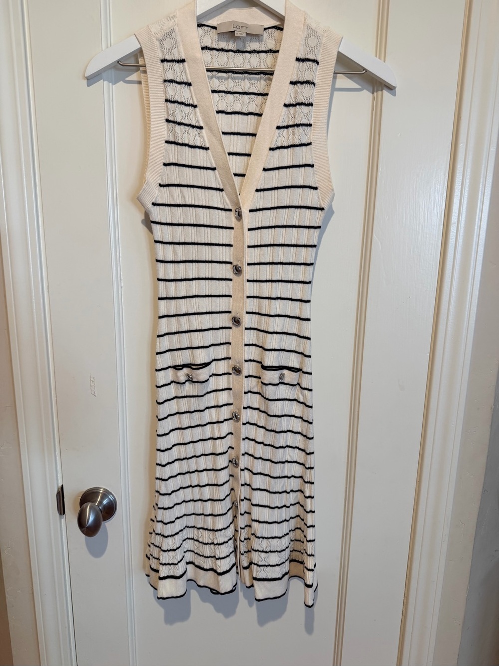 Sleeveless Button-Front Striped Crochet Knit Dress